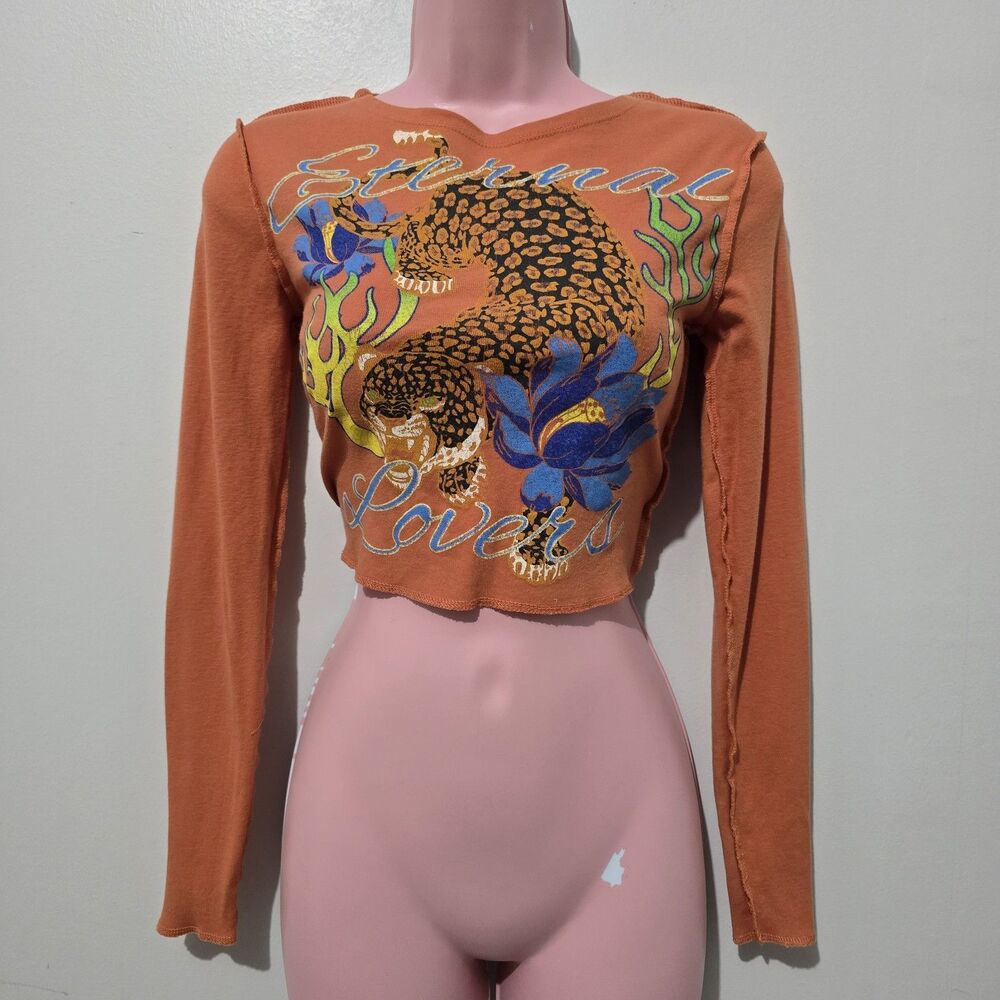 Urban Outfitters - Shirt - Graphic Crop Distressed - Size S - Orange - Cotton